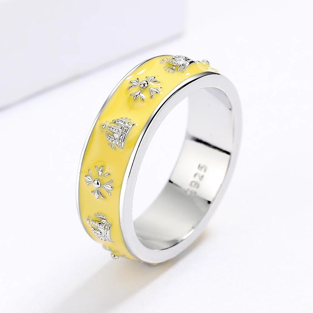 Women's Classic 925 Silver-Plated Yellow Enamel Crown Pattern Ring